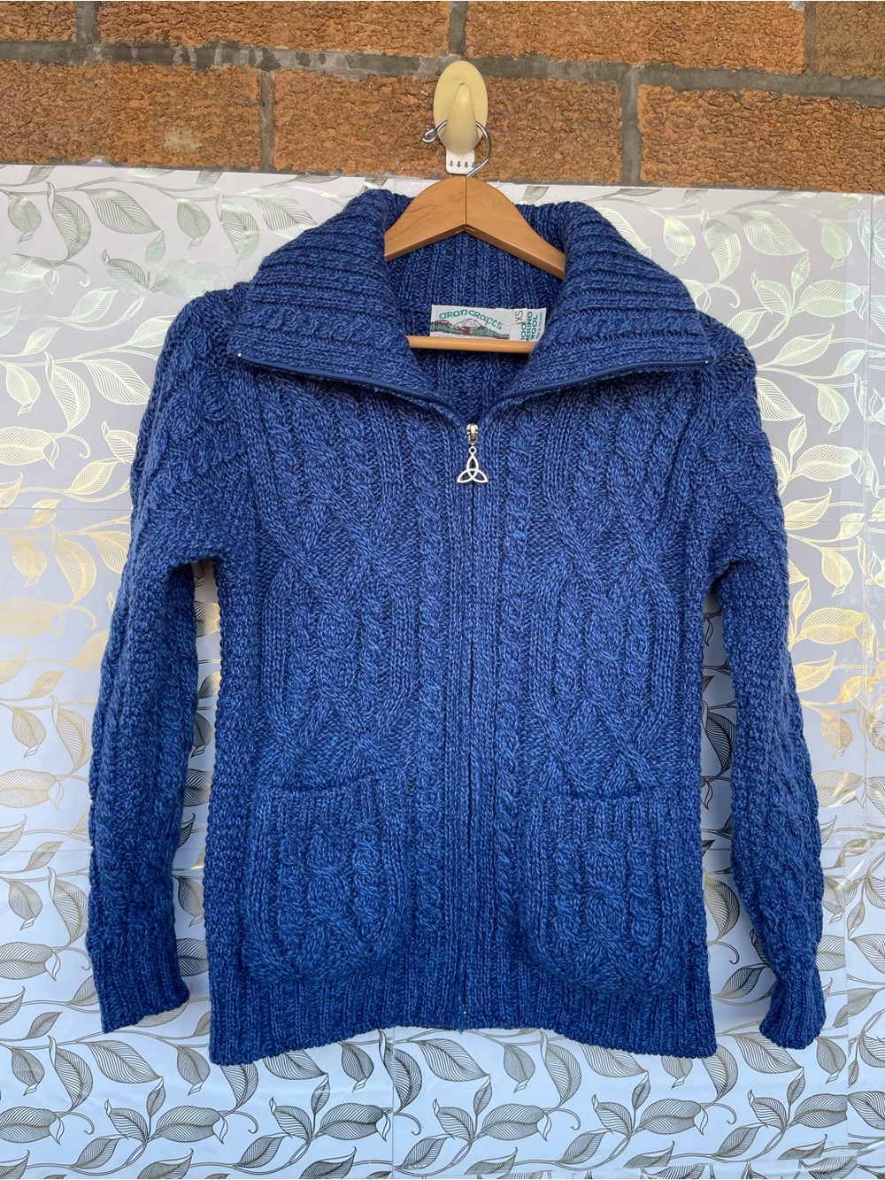 Aran Crafts Merino Wool Zip Sweater XS Blue Cable Knit Celtic Cottagecore
